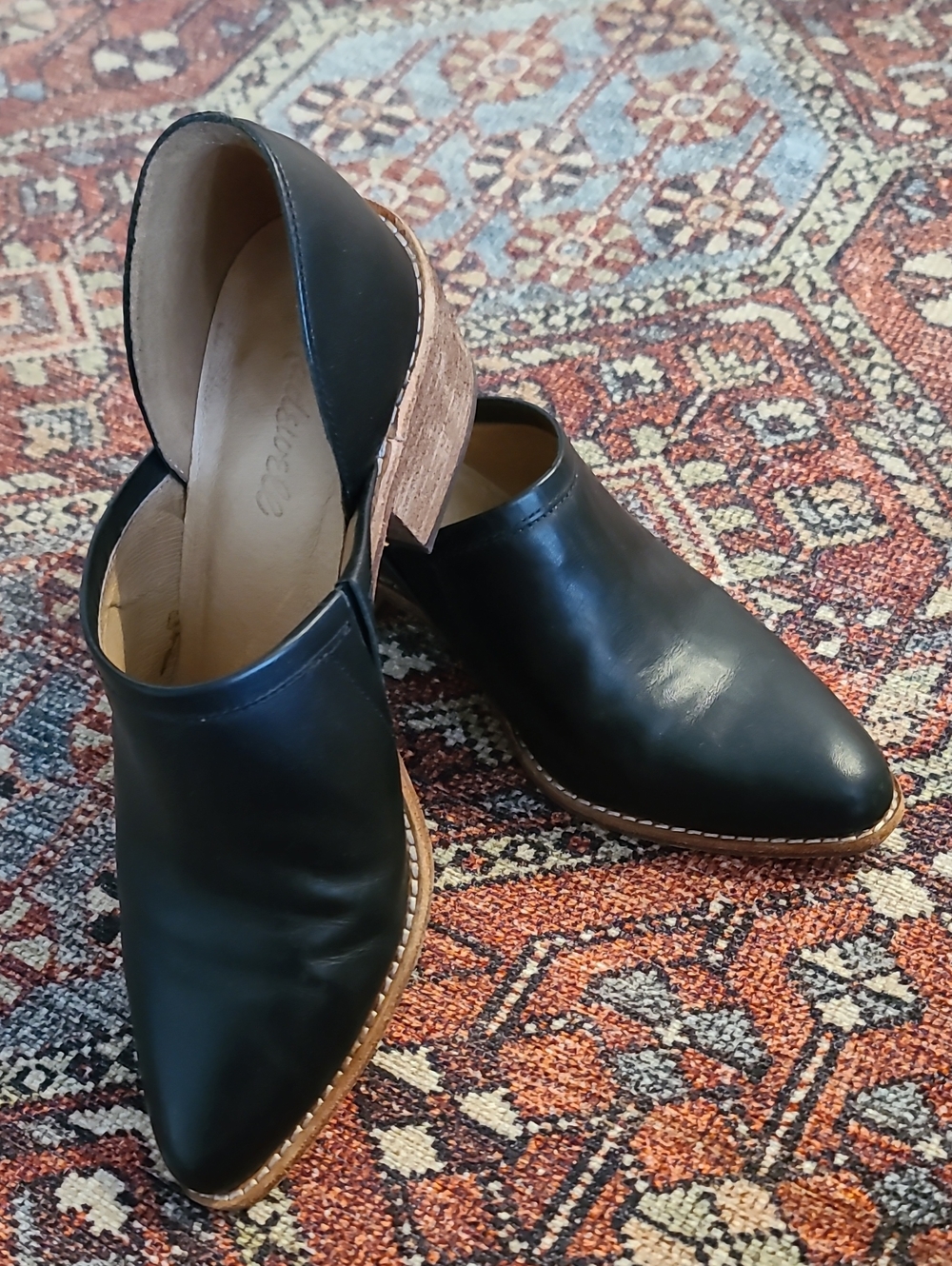 Madewell Black Leather Pointed Mule Bootie with Tan Stacked Sole